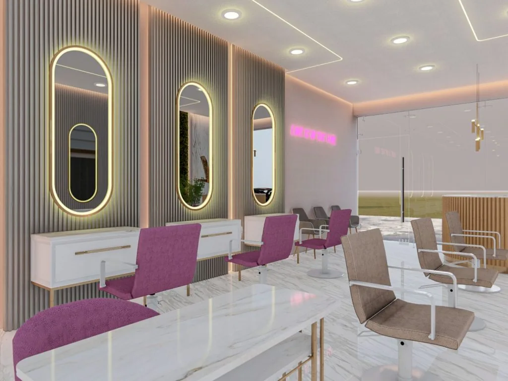 Diseño interior de Beauty Studio C. Piñeros con estaciones de trabajo, espejos e iluminación comercial