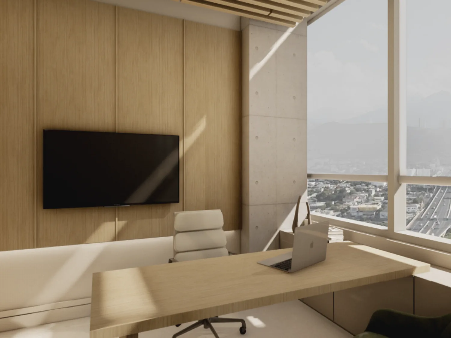 Proyecto comercial Torres Lindsay con área ejecutiva, acabados interiores y vista a la ciudad