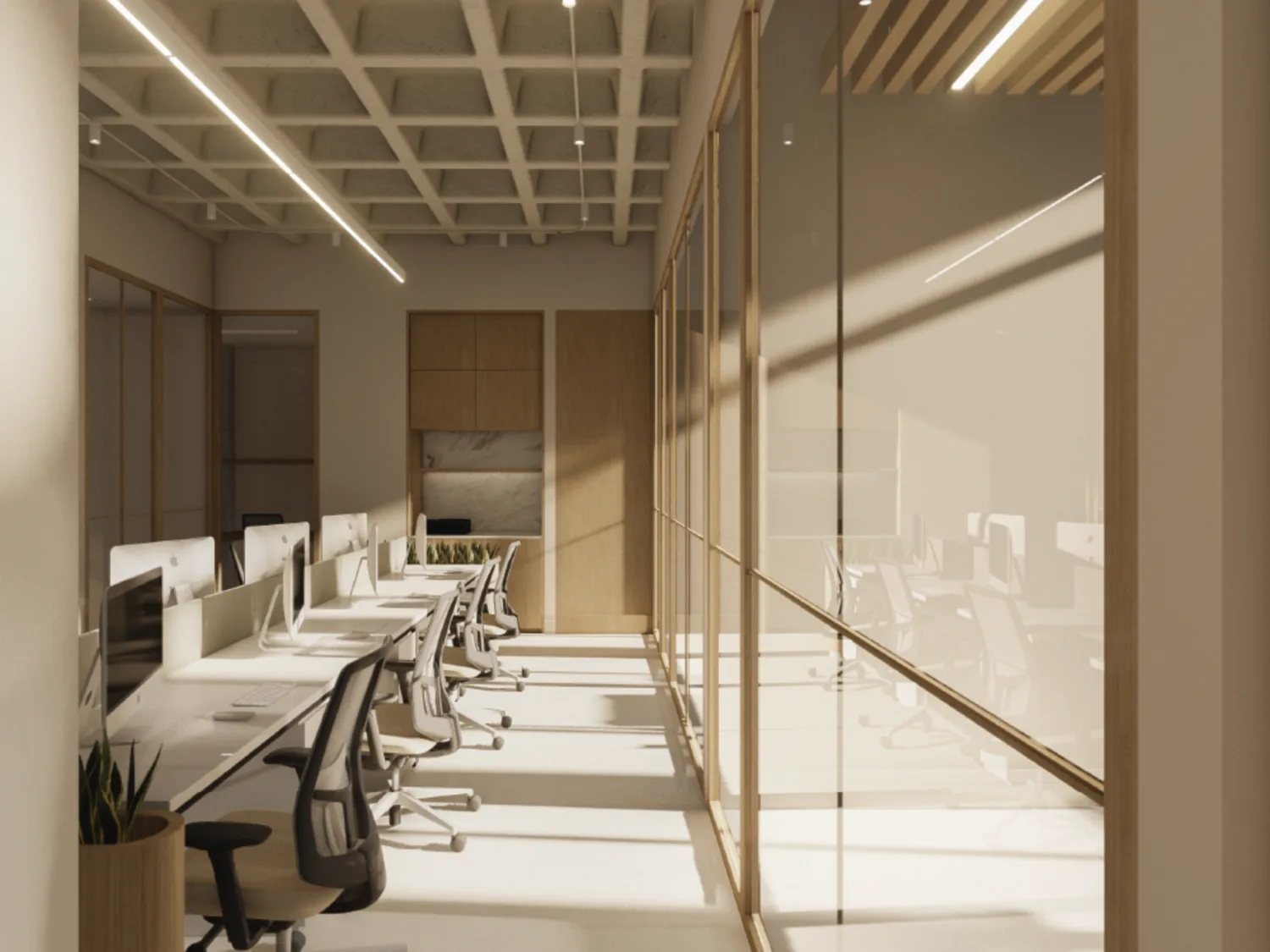 Diseño de oficina corporativa para proyecto Torres Lindsay con iluminación natural y estaciones de trabajo