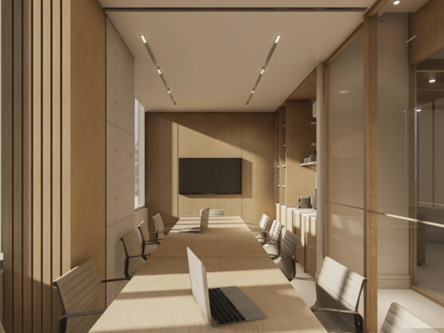 Diseño interior para proyecto comercial Torres Lindsay con sala de juntas y acabados corporativos en Nuevo León
