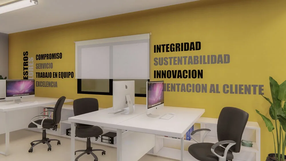 Diseño interior de TRC Soluciones con estaciones de trabajo e imagen corporativa en Monterrey