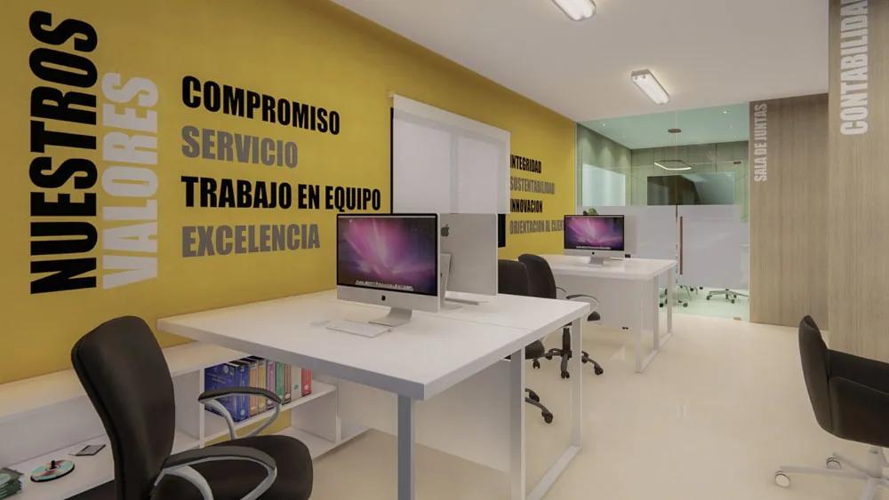 Adecuación de oficina operativa para TRC Soluciones con estaciones de trabajo y muro corporativo