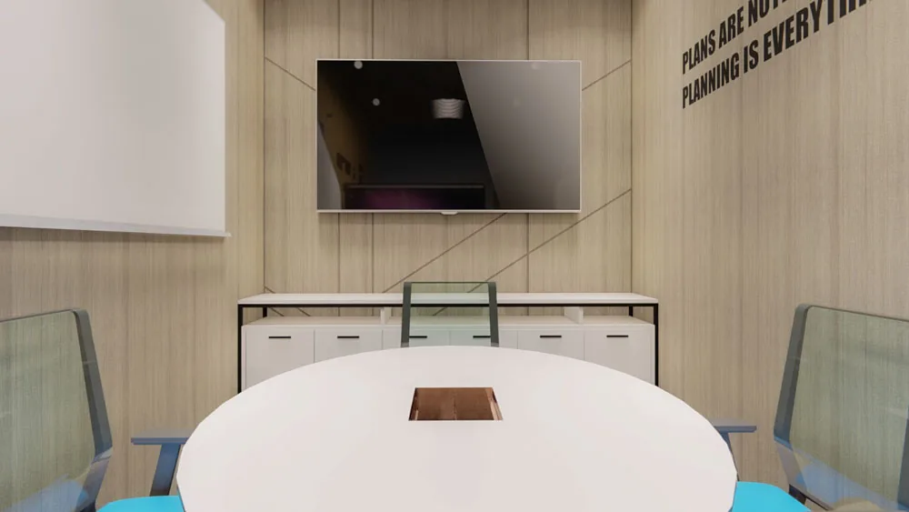 Remodelación de sala de juntas para TRC Soluciones con pantalla, mesa circular y acabados interiores
